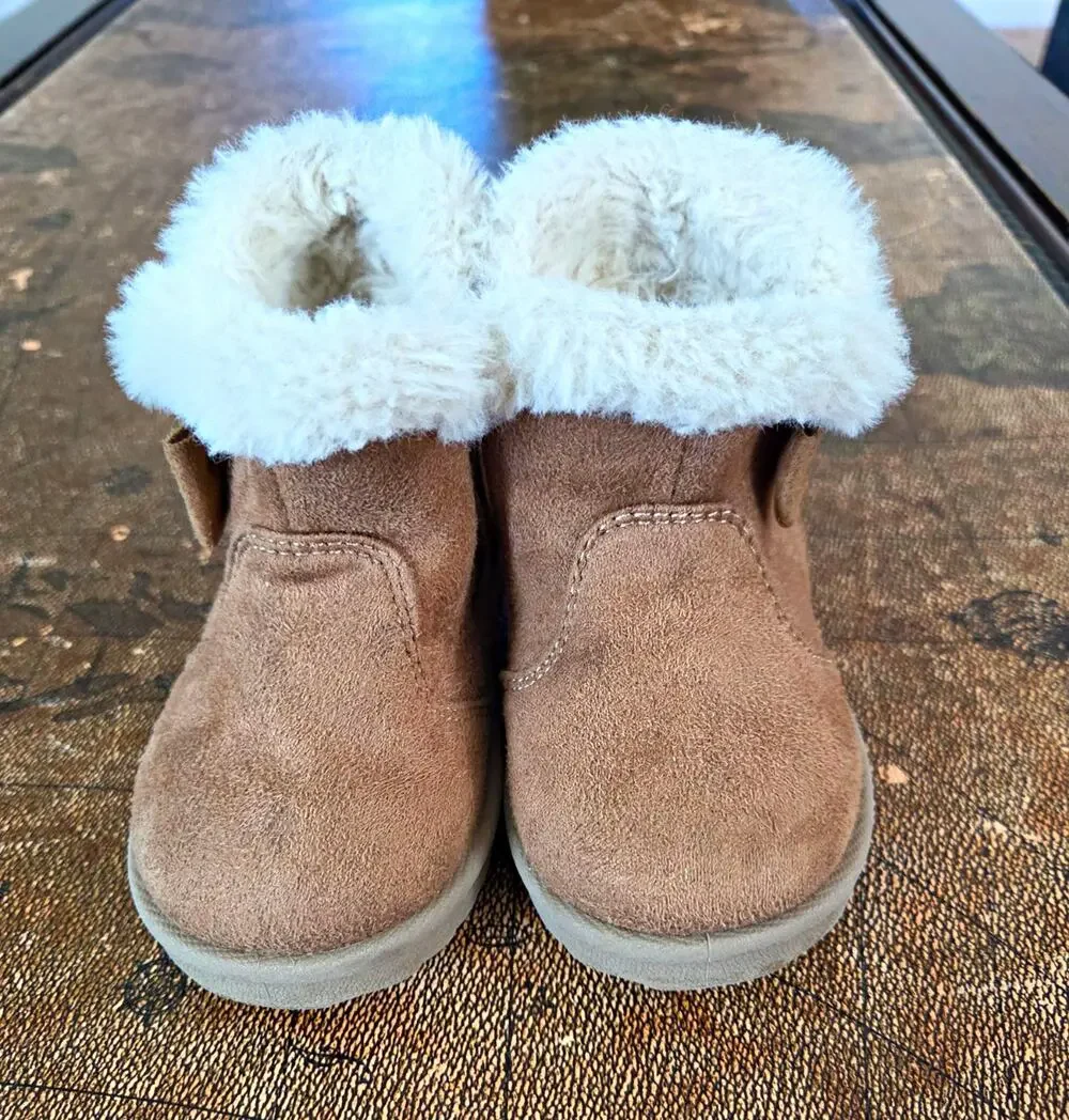 Baby Faux Suede Bootie Boots Faux Fur Lined Trim Bow Slip On Brown/White 5